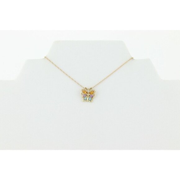 10K Yellow Gold Natural Citrine, Amethyst, Topaz, Diamond Butterfly Necklace 18 - Picture 5 of 8
